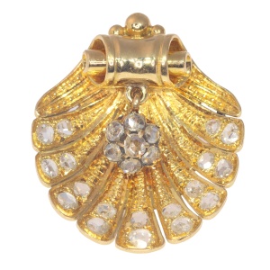 Vintage antique 18K gold shell brooch set with rose cut diamonds